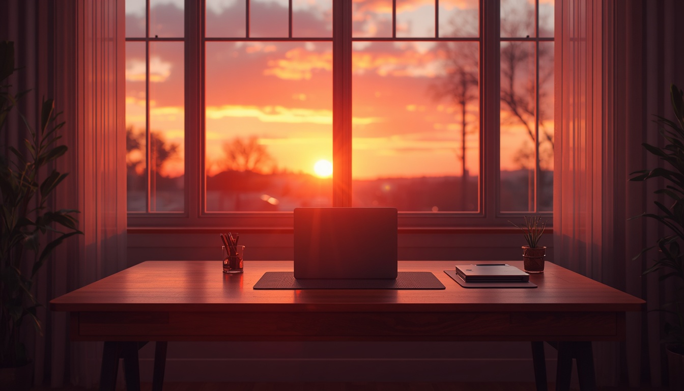 Calm desk at sunset representing end of workday ritual